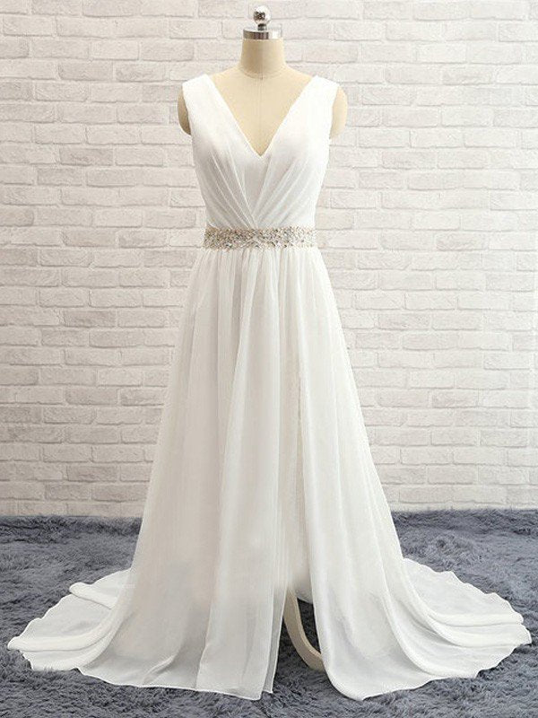 A Line Sleeveless V neck Sweep Train Chiffon Beading Wedding Dresses