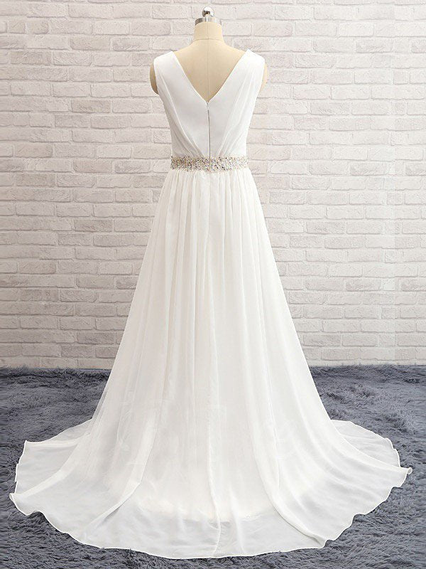 A Line Sleeveless V neck Sweep Train Chiffon Beading Wedding Dresses