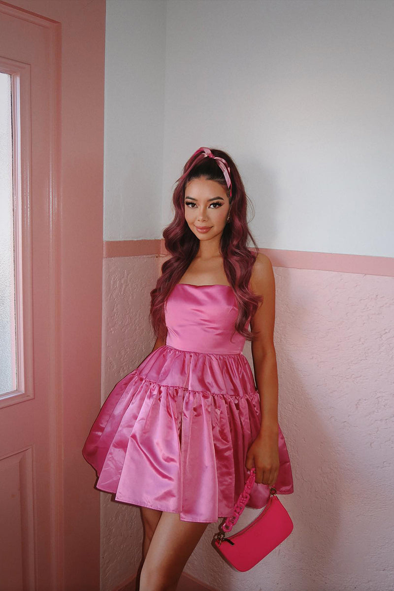 A-Line Square-Neck Candy Pink Short Homecoming Party Dress