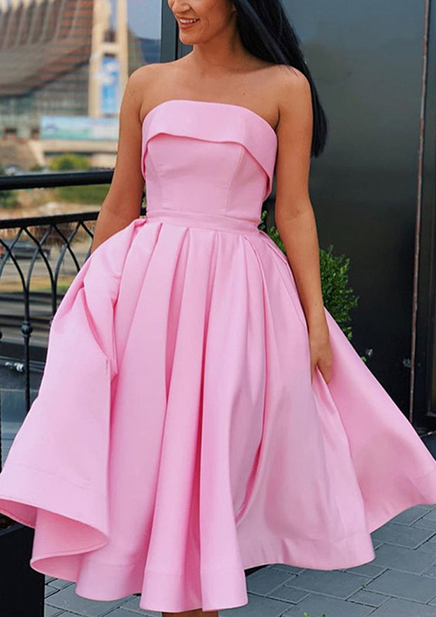 A-Line Square Neckline Sleeveless Satin Tea-Length Homecoming Dress