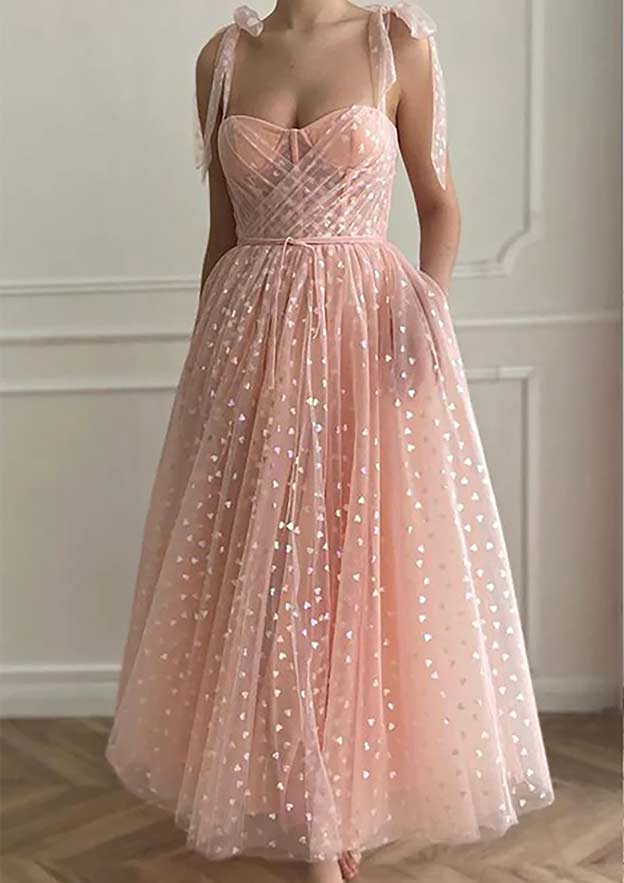 A-Line Sweetheart Sleeveless Ankle-Length Tulle Homecoming Dress with Pleated Sequins