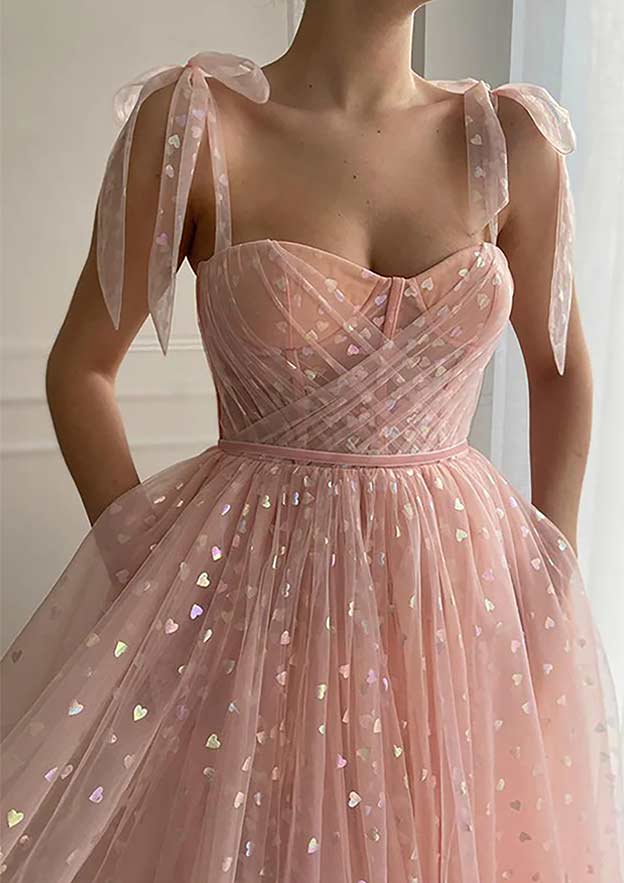 A-Line Sweetheart Sleeveless Ankle-Length Tulle Homecoming Dress with Pleated Sequins