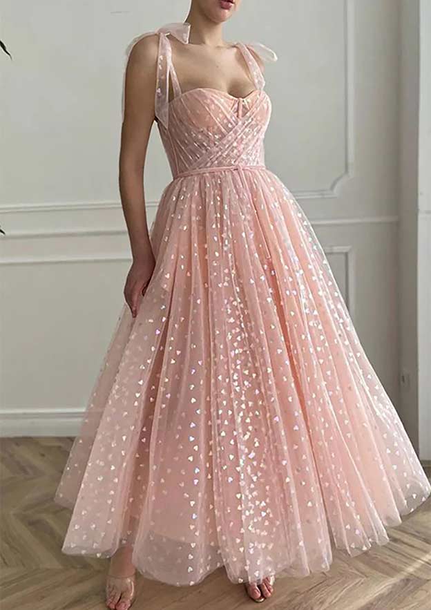 A-Line Sweetheart Sleeveless Ankle-Length Tulle Homecoming Dress with Pleated Sequins