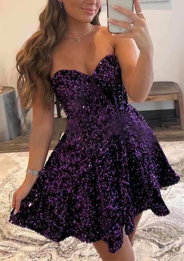 A-Line Sweetheart Sleeveless Mini Velvet Sequins Homecoming Dress with Pockets