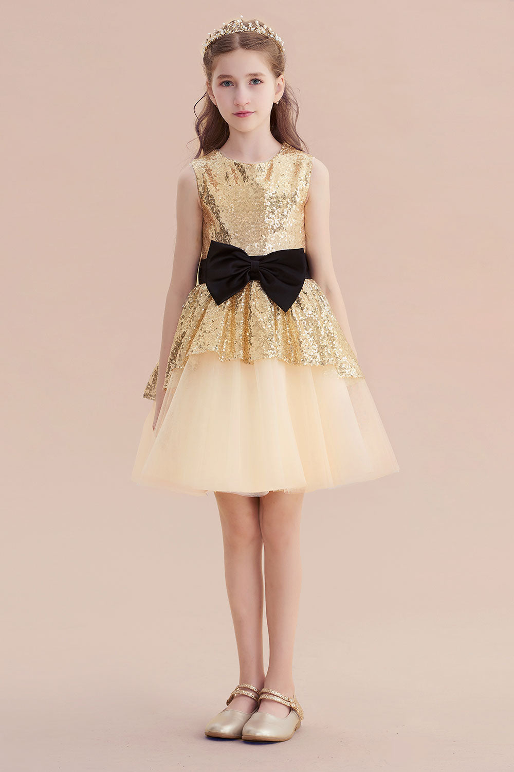 A-Line Tulle Sequins Bows Knee Length Flower Girl Dress On Sale