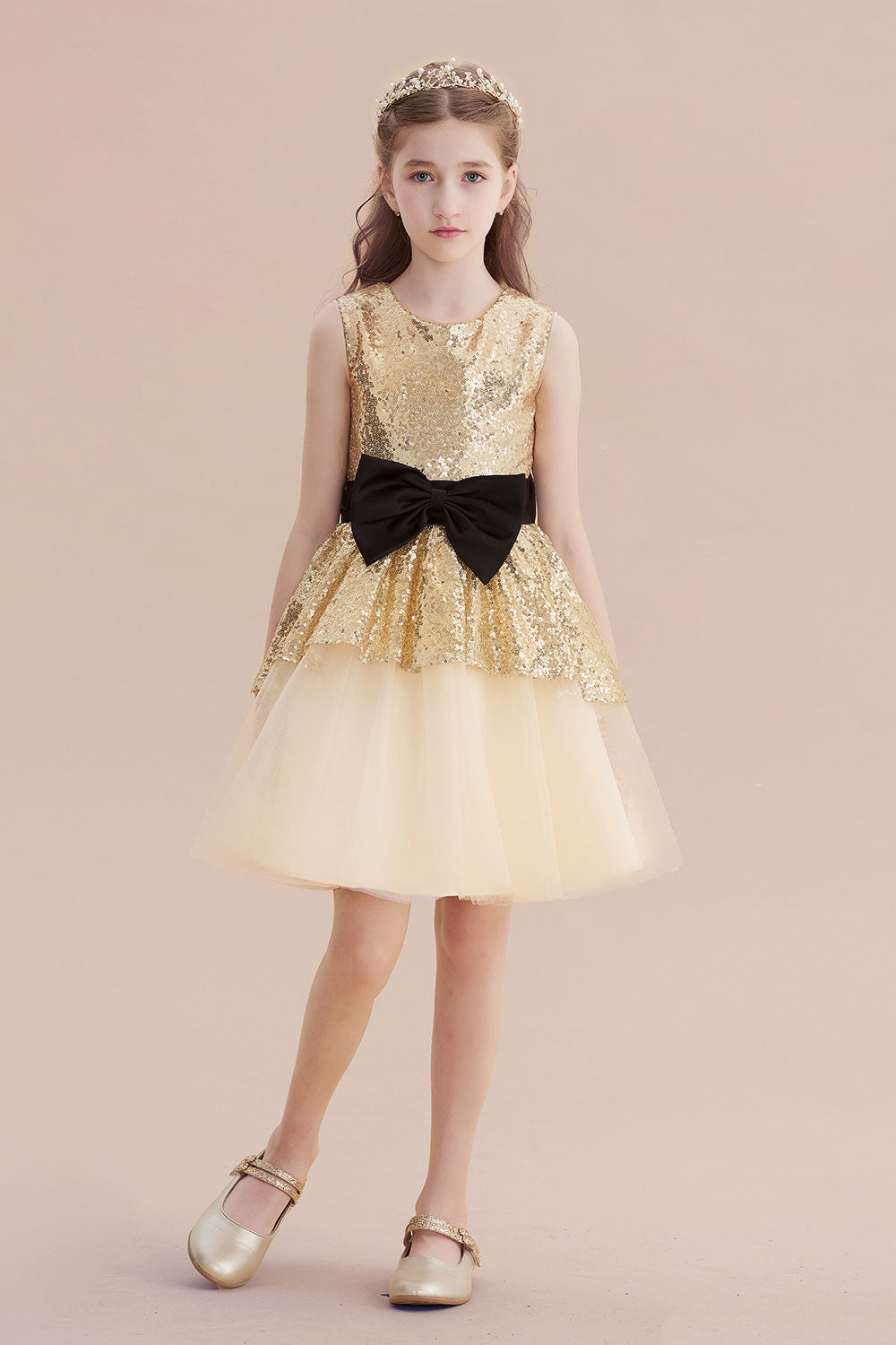 A-Line Tulle Sequins Bows Knee Length Flower Girl Dress On Sale - Fashionpara