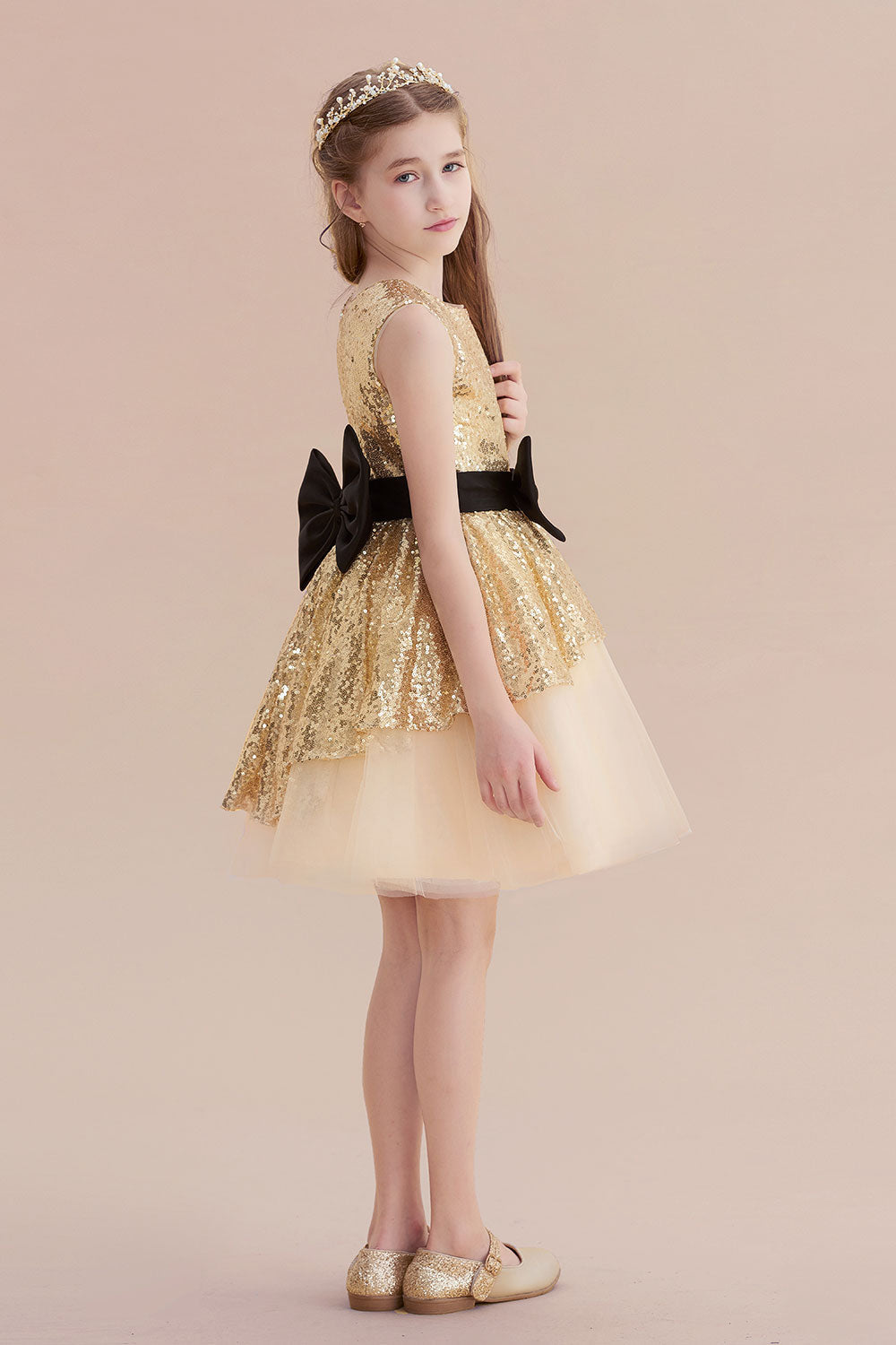 A-Line Tulle Sequins Bows Knee Length Flower Girl Dress On Sale - Fashionpara