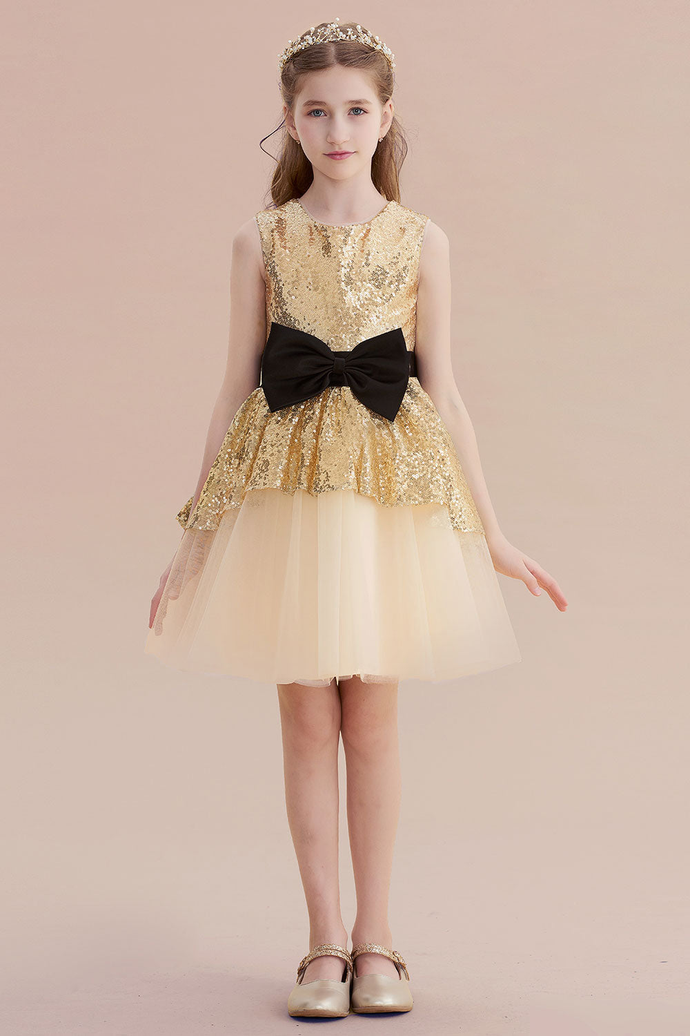 A-Line Tulle Sequins Bows Knee Length Flower Girl Dress On Sale - Fashionpara