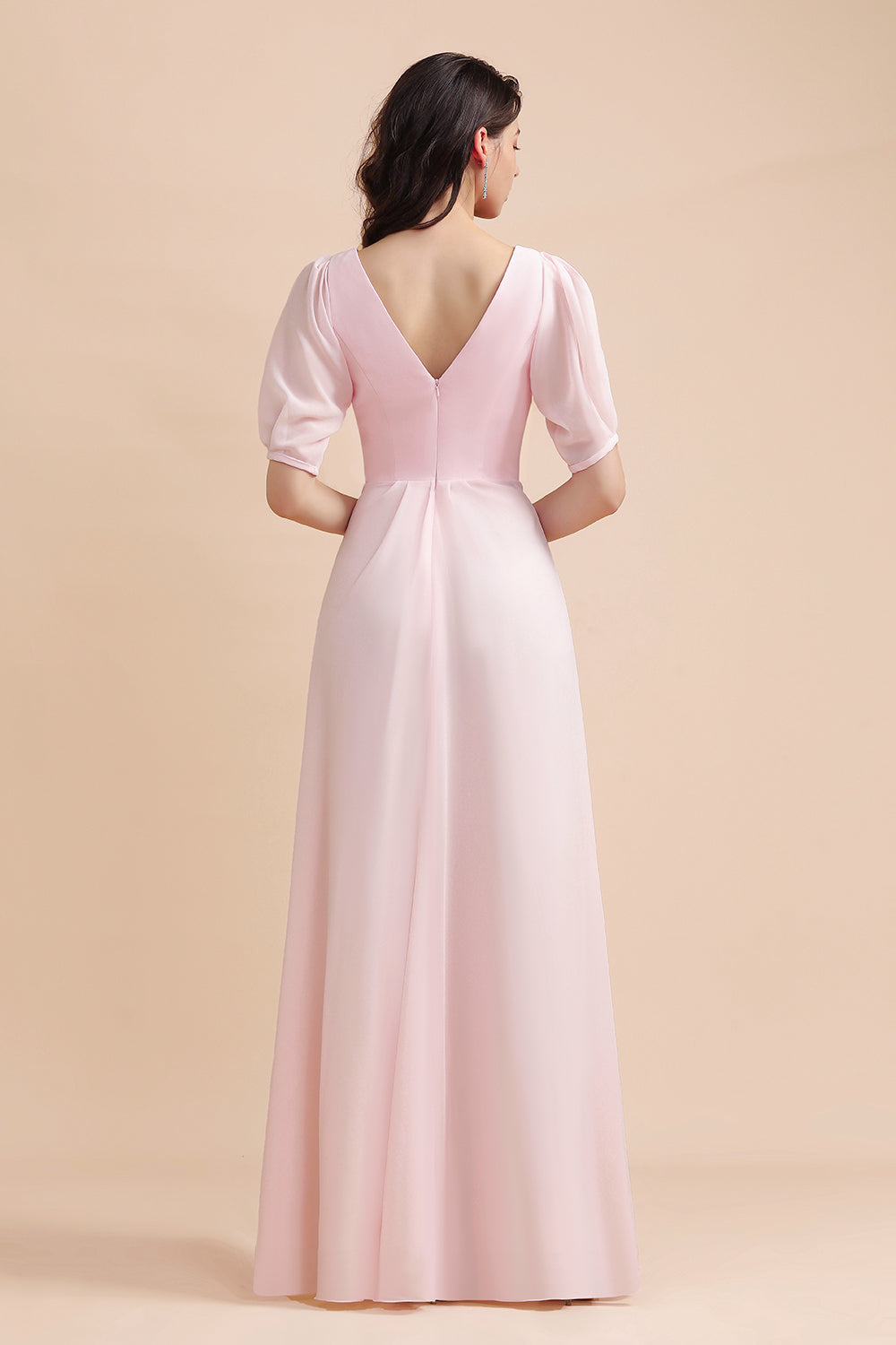 A-Line V-Neck Chiffon Ruffles Bridesmaid Dresses with Short Sleeves