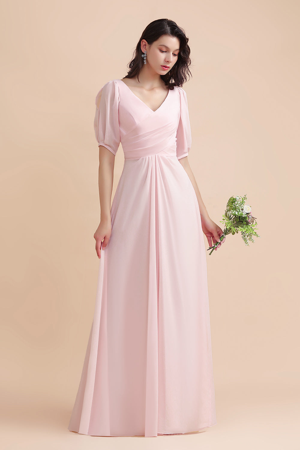 A-Line V-Neck Chiffon Ruffles Bridesmaid Dresses with Short Sleeves