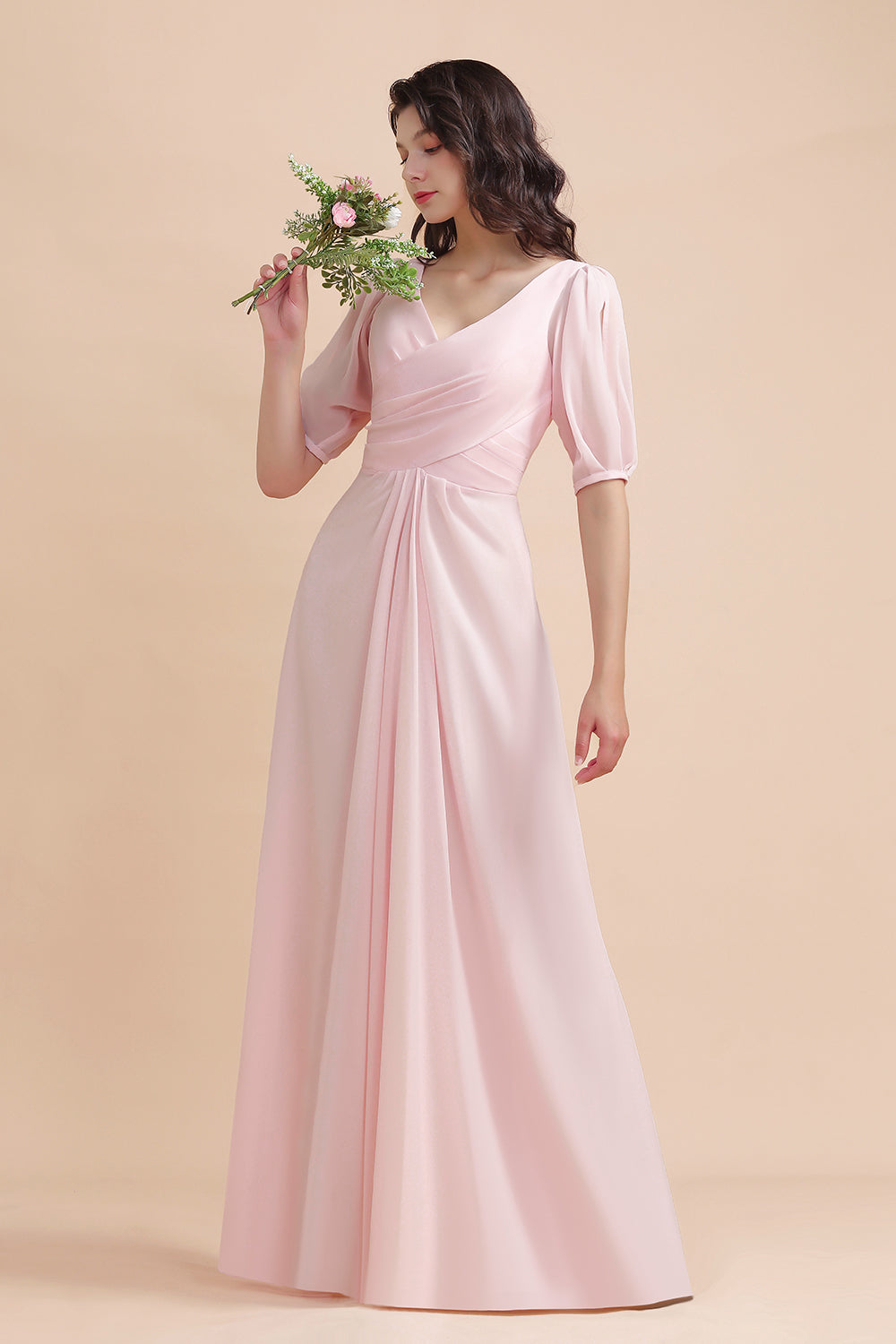 A-Line V-Neck Chiffon Ruffles Bridesmaid Dresses with Short Sleeves