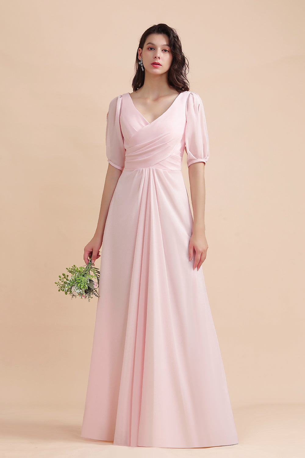 A-Line V-Neck Chiffon Ruffles Bridesmaid Dresses with Short Sleeves