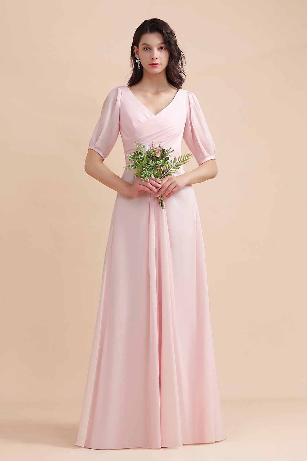 A-Line V-Neck Chiffon Ruffles Bridesmaid Dresses with Short Sleeves