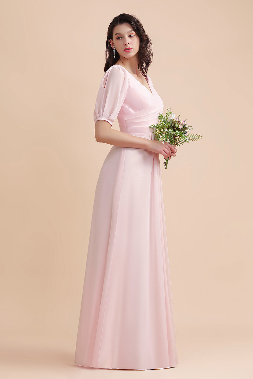 A-Line V-Neck Chiffon Ruffles Bridesmaid Dresses with Short Sleeves