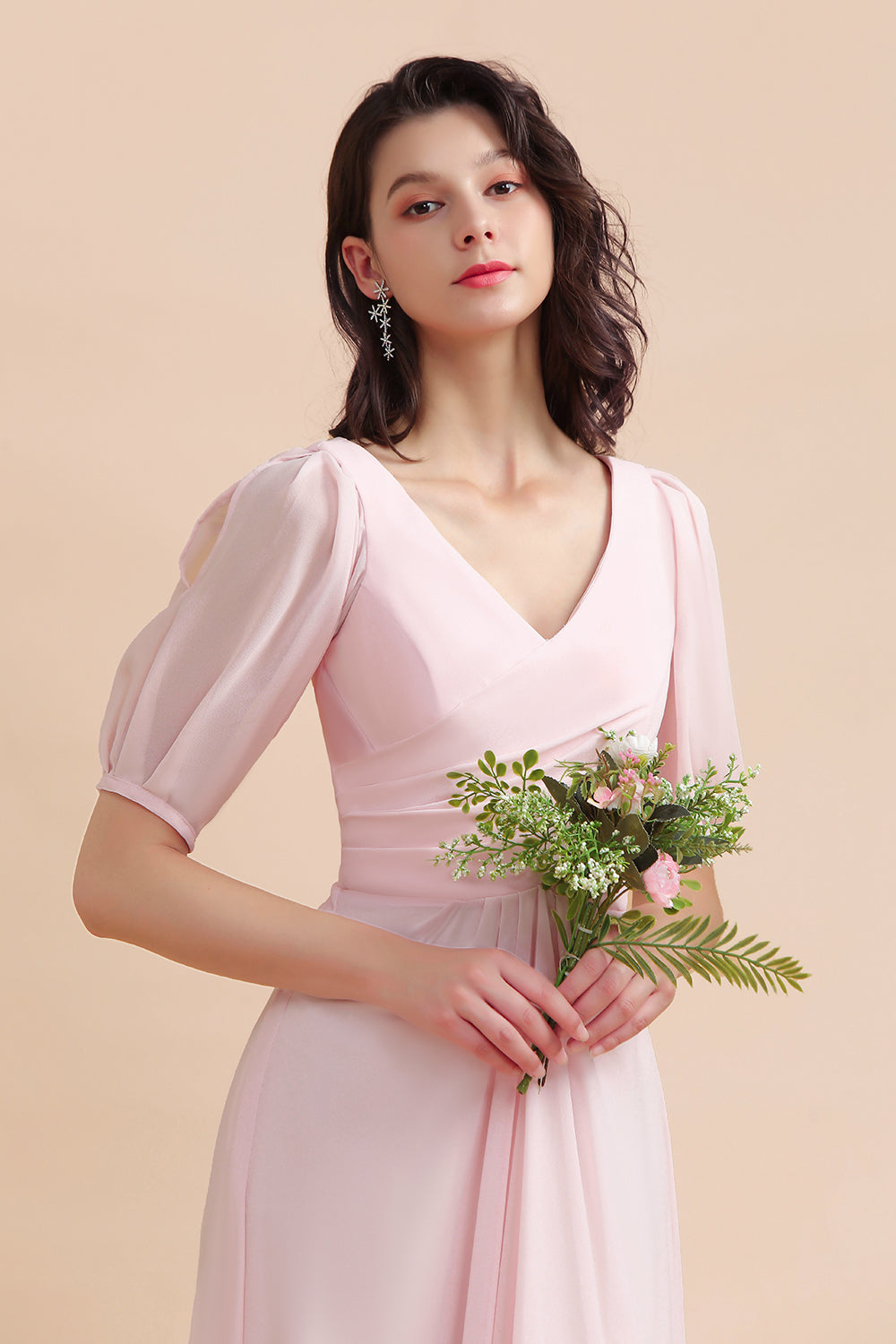 A-Line V-Neck Chiffon Ruffles Bridesmaid Dresses with Short Sleeves