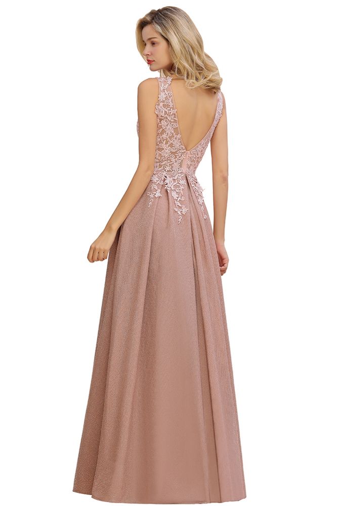 Elegant V-Neck A-Line Floor-Length Tulle Sequined Prom Dress