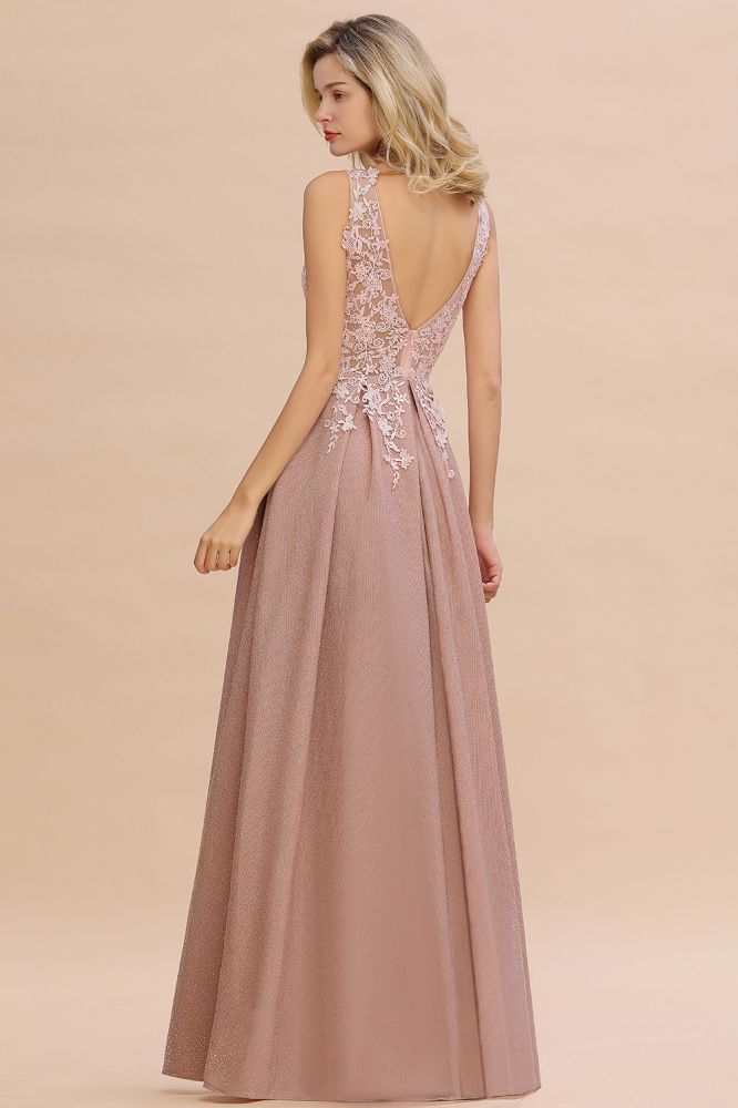 Elegant V-Neck A-Line Floor-Length Tulle Sequined Prom Dress