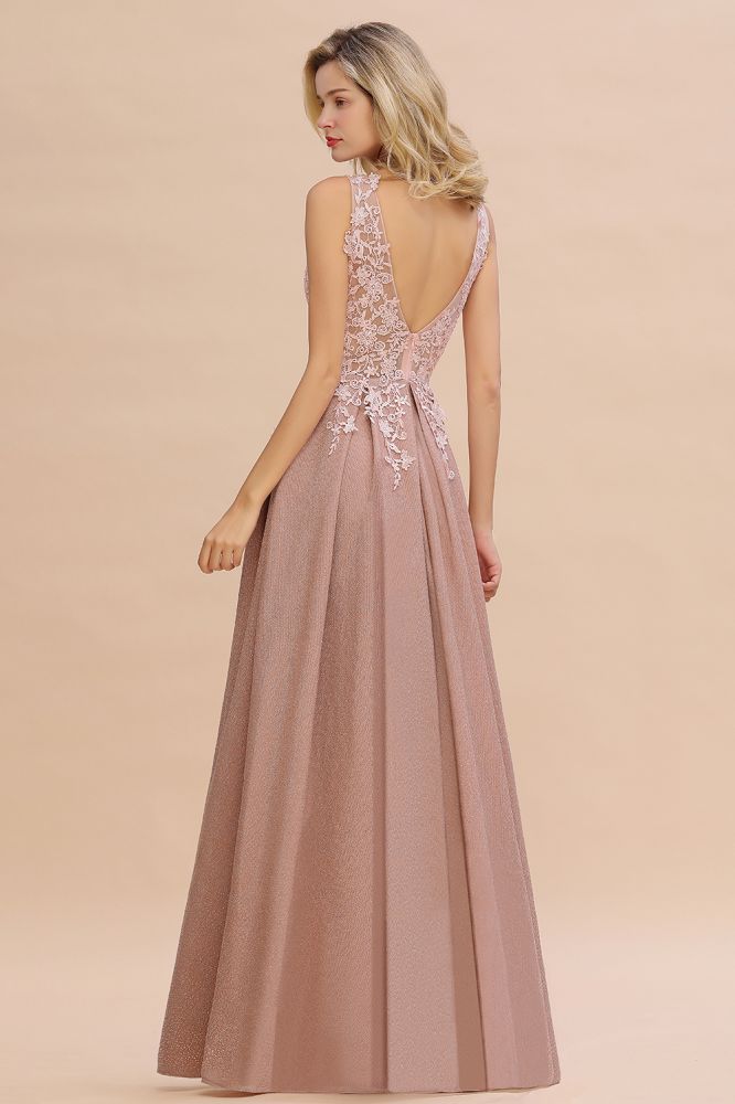 Elegant V-Neck A-Line Floor-Length Tulle Sequined Prom Dress