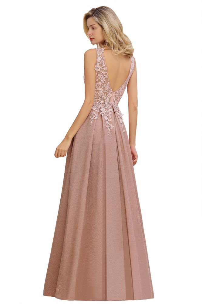 Elegant V-Neck A-Line Floor-Length Tulle Sequined Prom Dress