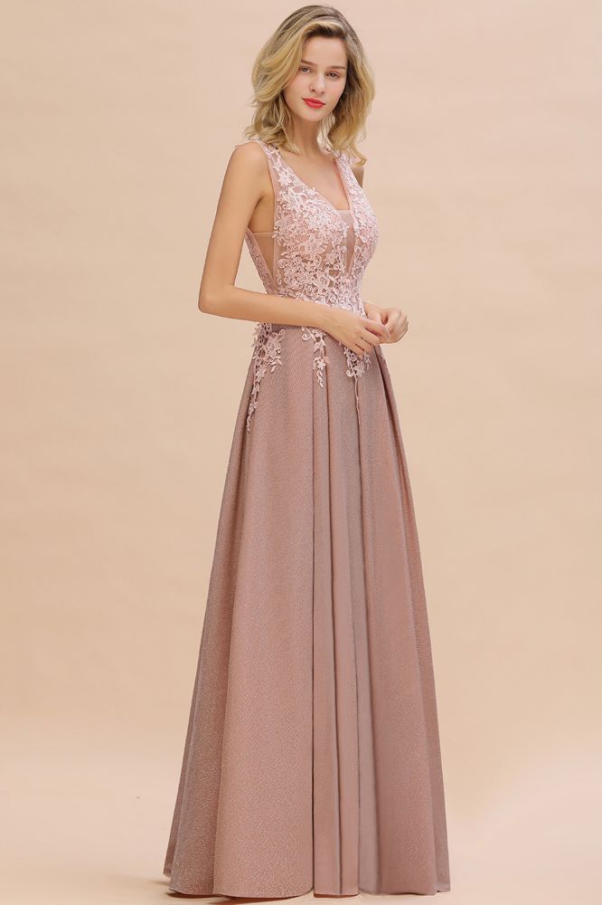 Elegant V-Neck A-Line Floor-Length Tulle Sequined Prom Dress