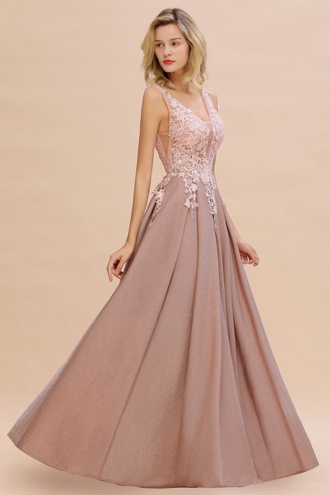 Elegant V-Neck A-Line Floor-Length Tulle Sequined Prom Dress