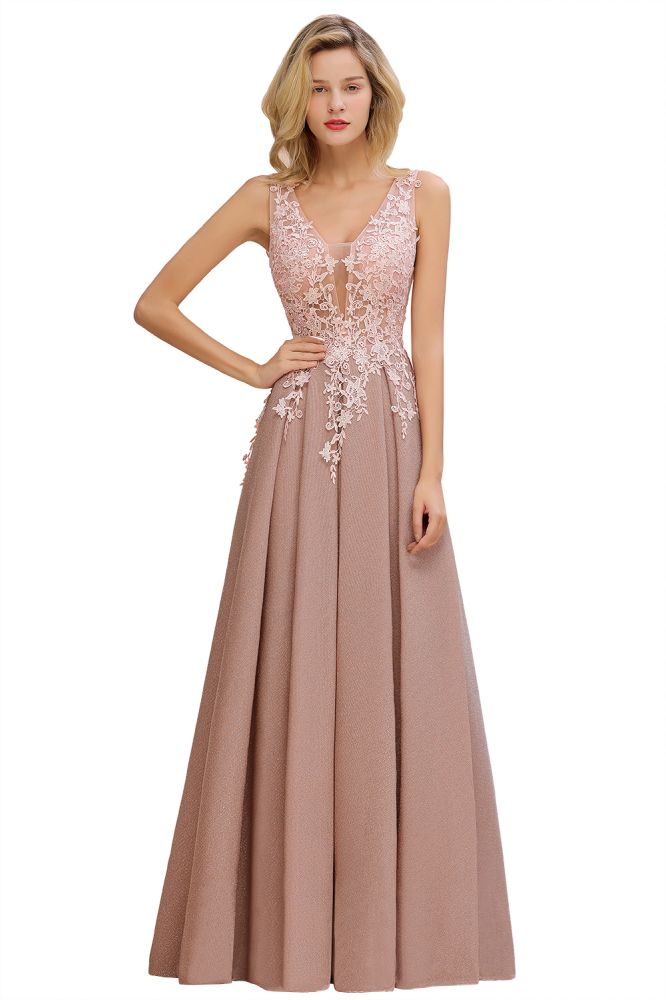 Elegant V-Neck A-Line Floor-Length Tulle Sequined Prom Dress