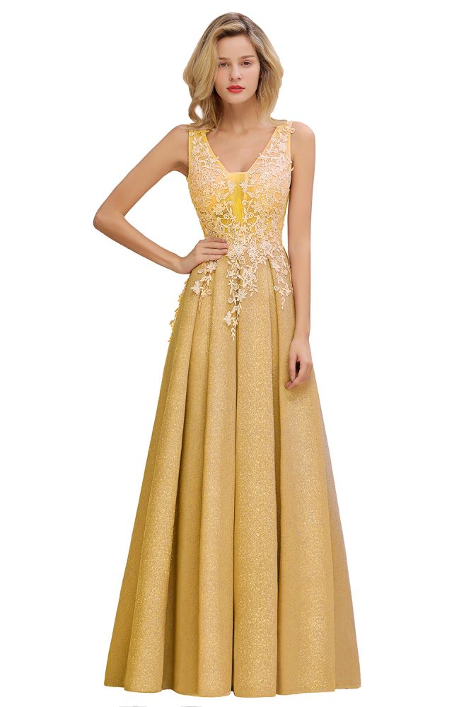 Elegant V-Neck A-Line Floor-Length Tulle Sequined Prom Dress