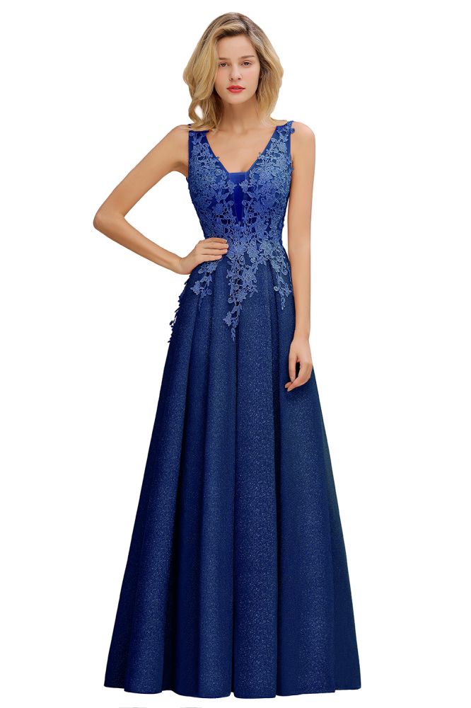 Elegant V-Neck A-Line Floor-Length Tulle Sequined Prom Dress