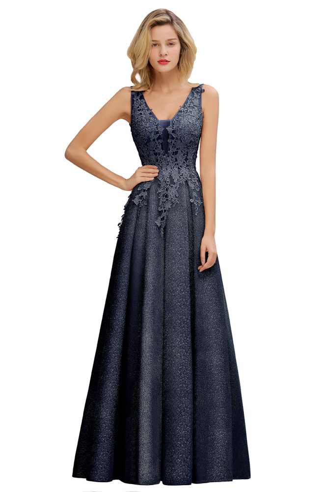 Elegant V-Neck A-Line Floor-Length Tulle Sequined Prom Dress