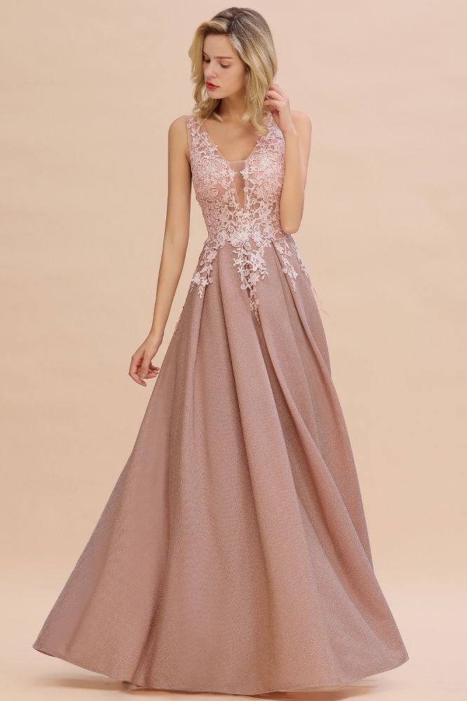 Elegant V-Neck A-Line Floor-Length Tulle Sequined Prom Dress