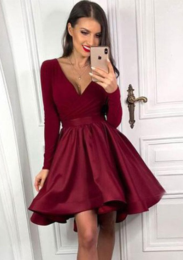 A-Line V-Neck Satin Homecoming Dress with Pleated Skirt