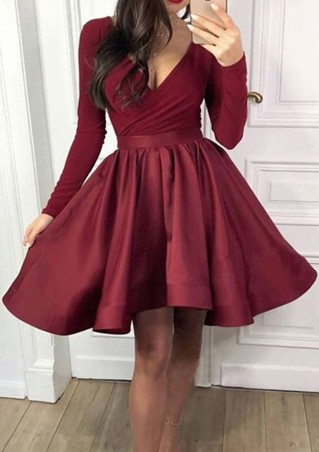 A-Line V-Neck Satin Homecoming Dress with Pleated Skirt