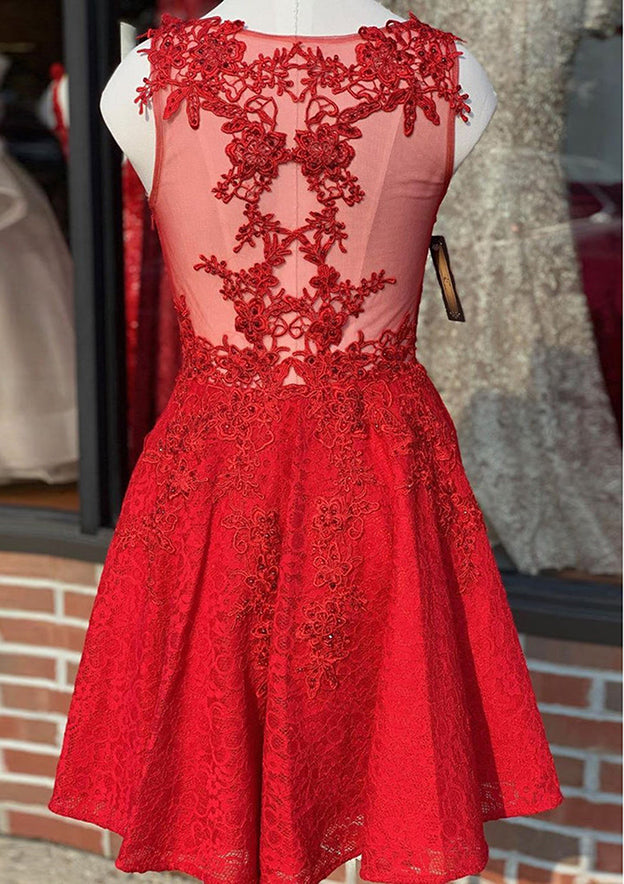 A-Line V-Neck Sleeveless Laced Homecoming Dress with Beading