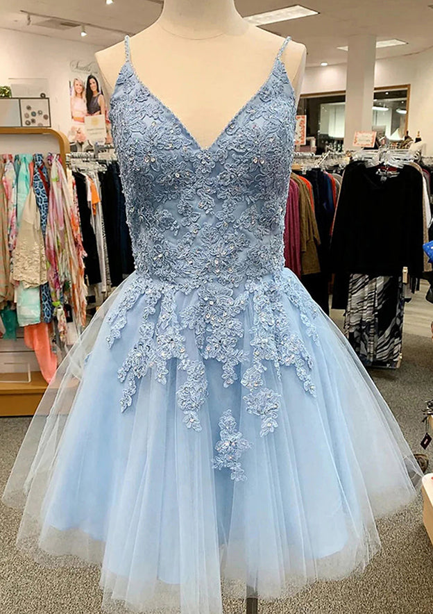 A-Line V-Neck Sleeveless Laced Tulle Satin Short/Mini Homecoming Dress with Appliqued Sequins