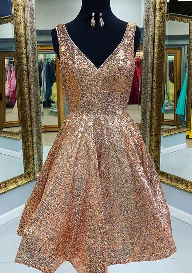 A-Line V-Neck Sleeveless Sequins Knee-Length Homecoming Dress