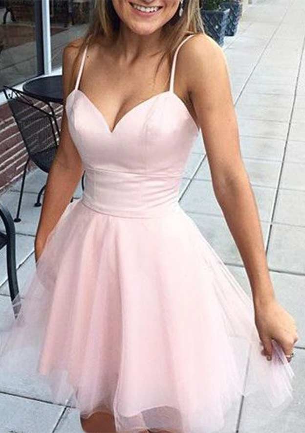 A-Line V-Neck Sleeveless Short Tulle Homecoming Dress