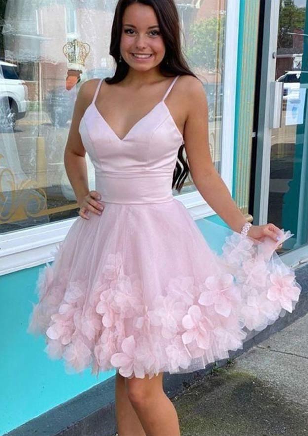 A-Line V-Neck Sleeveless Short/Mini Tulle Homecoming Dress with Flowers