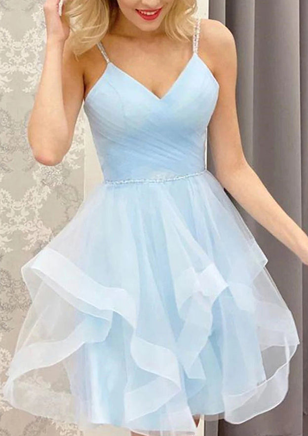 A-Line V-Neck Sleeveless Tulle Mini Homecoming Dress with Beading and Pleats