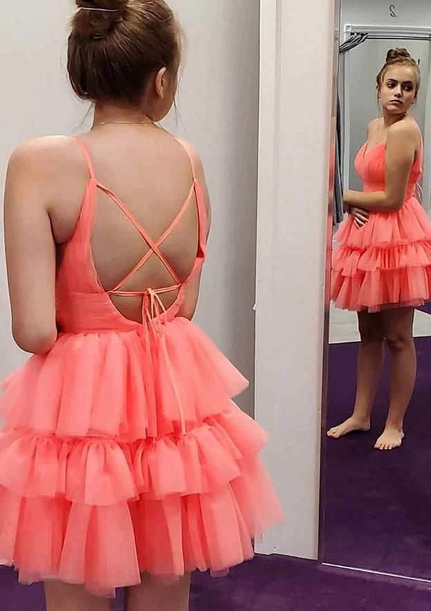 A-Line V-Neck Sleeveless Tulle Short/Mini Homecoming Dress With Pleated Ruffles