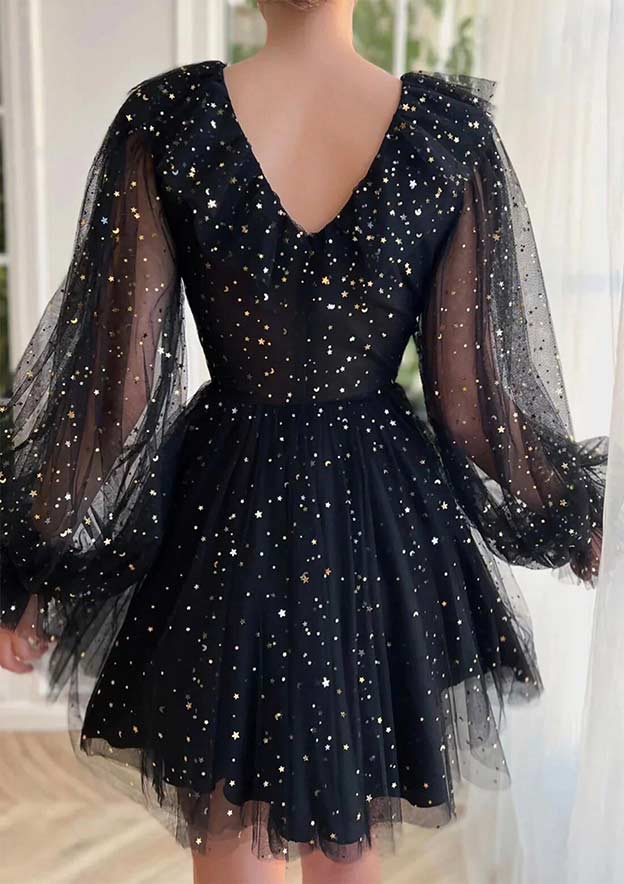 A-Line V-Neck Tulle Homecoming Dress with Sequins - Short/Mini & Long Sleeve