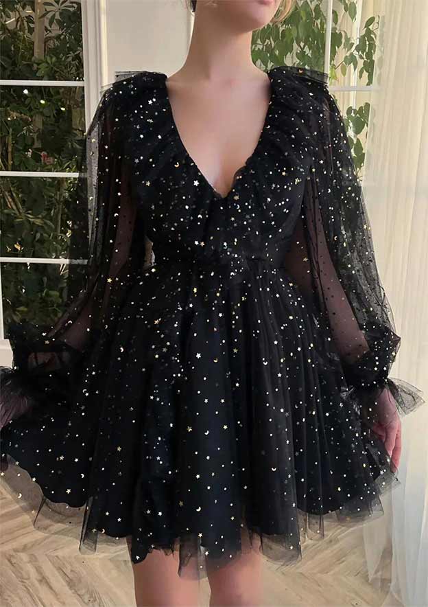 A-Line V-Neck Tulle Homecoming Dress with Sequins - Short/Mini & Long Sleeve