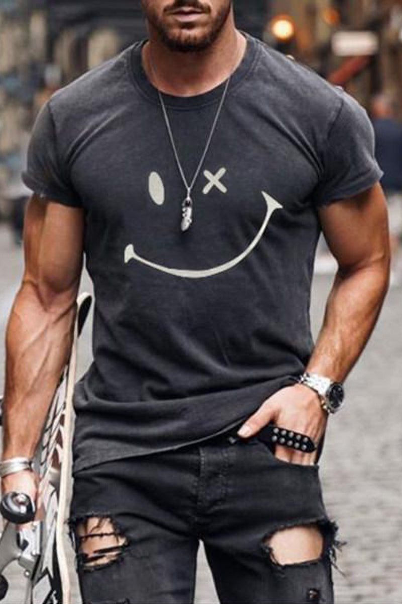 Mens Fashion Washing Short Sleeve Smiley T-shirt