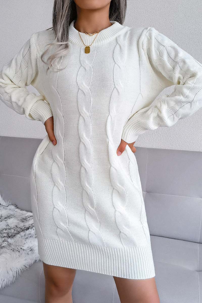 Solid Cable-knit Round Neck Sweater Dress