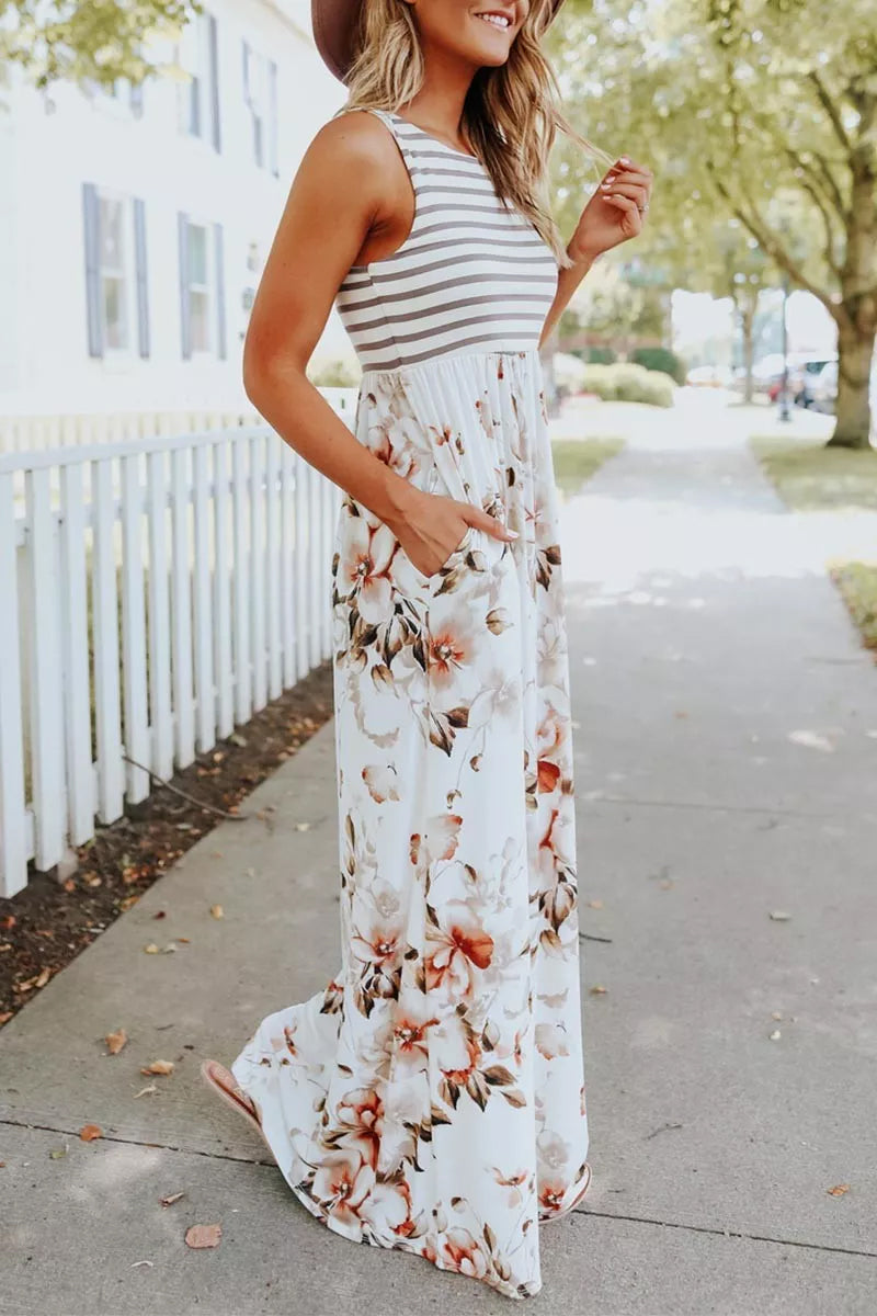 Striped Floral Print Patchwork White Maxi Dress