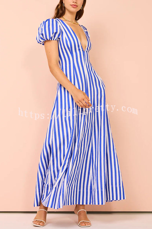 Indulge in Timeless Striped Print Puff Sleeve Pocketed Wavy Maxi Dress - Fashionpara