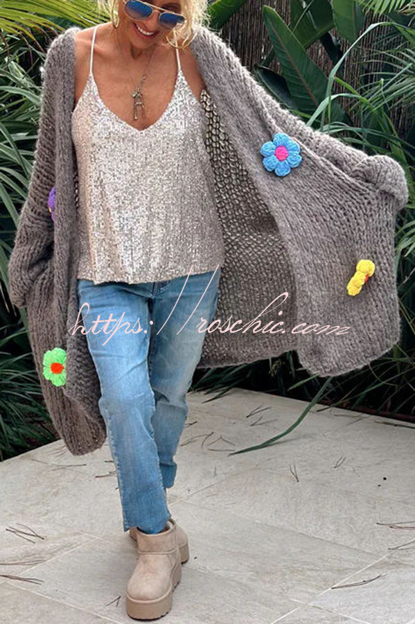 A Different Story Knit Hollow Out Multi Color 3D Flowers Oversized Midi Cardigan