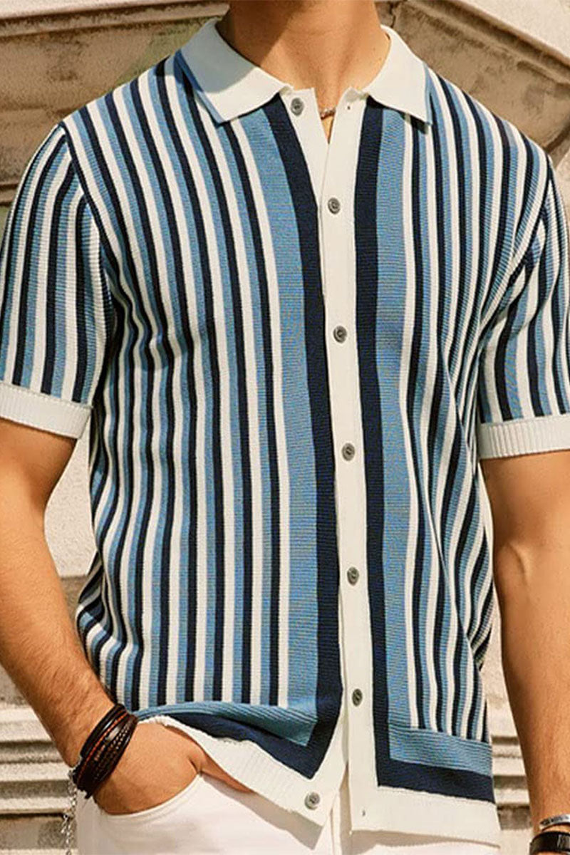 Summer Men's Business Casual Striped Polo Collar Short Sleeve Cardigan