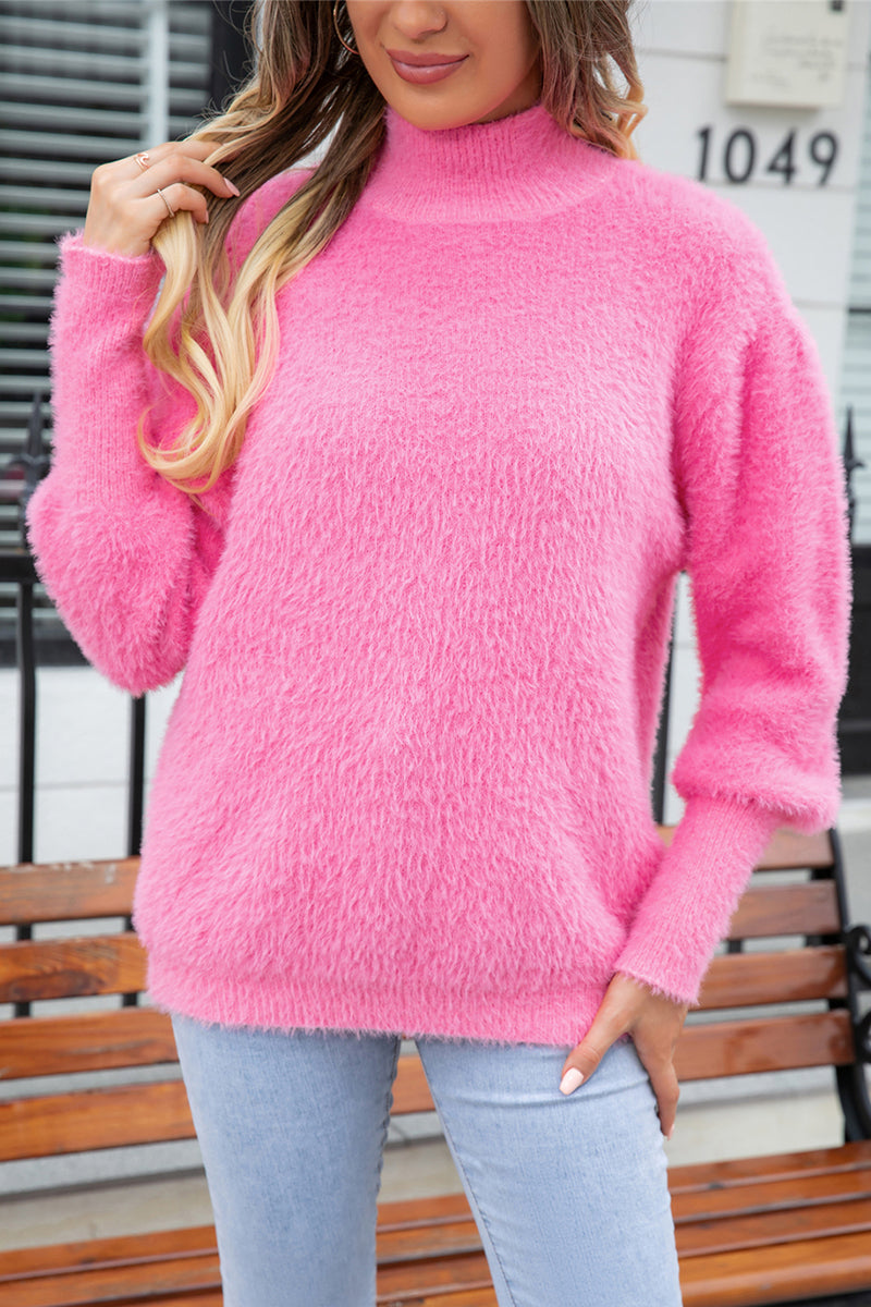 Plushy Turtleneck Solid Color Pullover Sweater