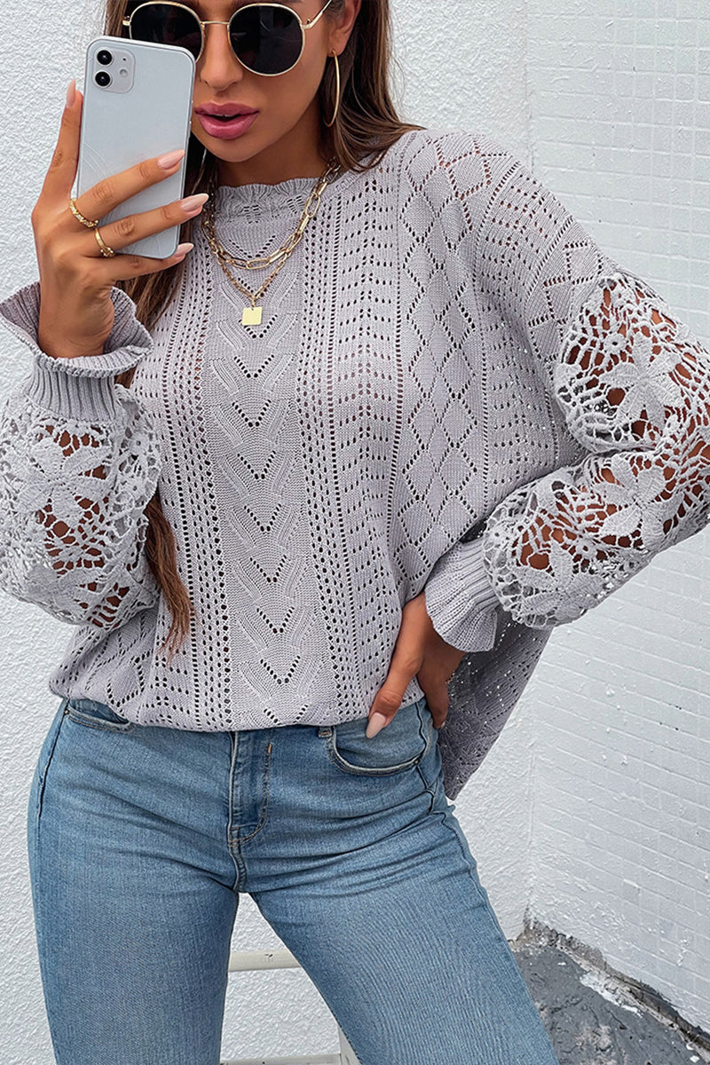 Hollow Out Crochet Lace Petal Sleeve Sweater