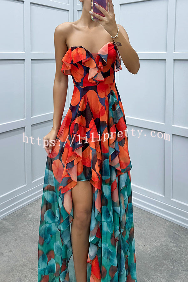 Loving Moment Gradient Unique Print Flowing Layered Ruffles Strapless Slit Maxi Dress - Fashionpara